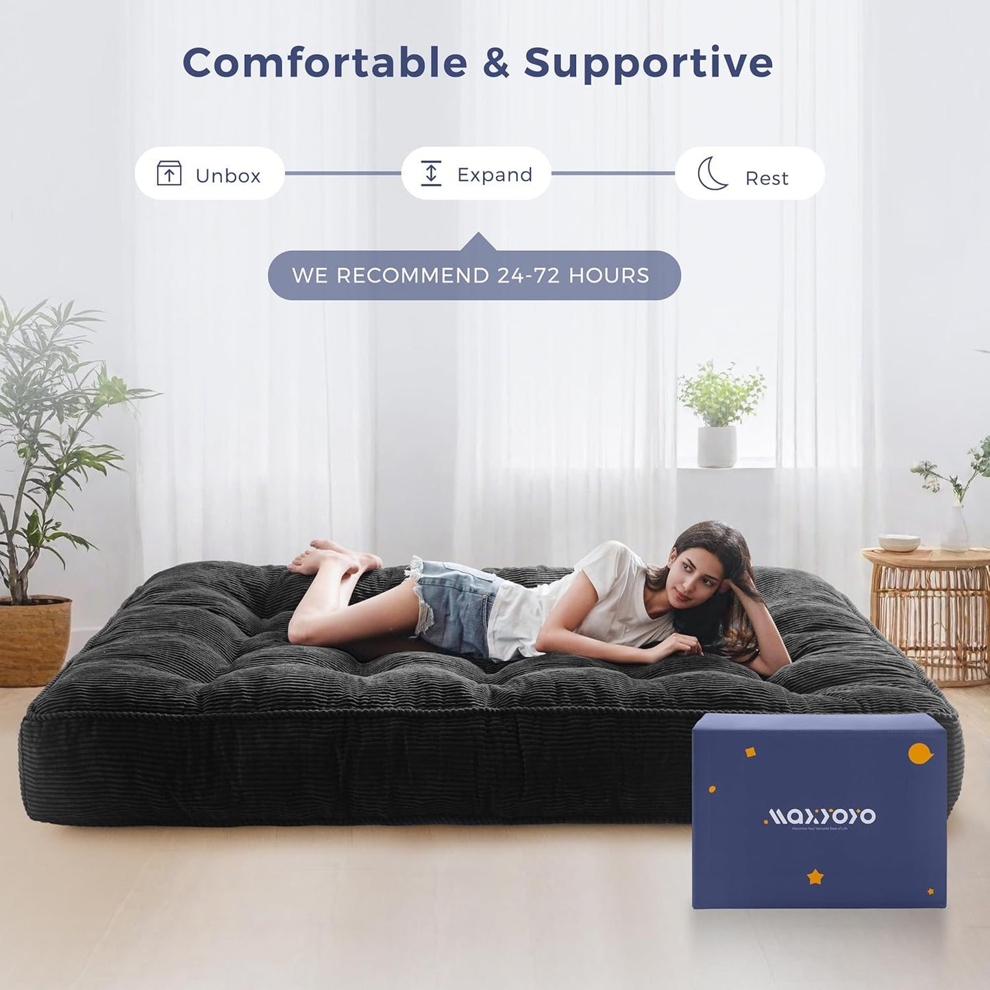 MAXYOYO 8" Futon Mattress Full Size, Ultra Thick Futons Sofa Couch Bed Tufted Sleeper Sofa Bed, Floor Mattress for Adults, Shredded Foam Filling (Frame Not Included), Black