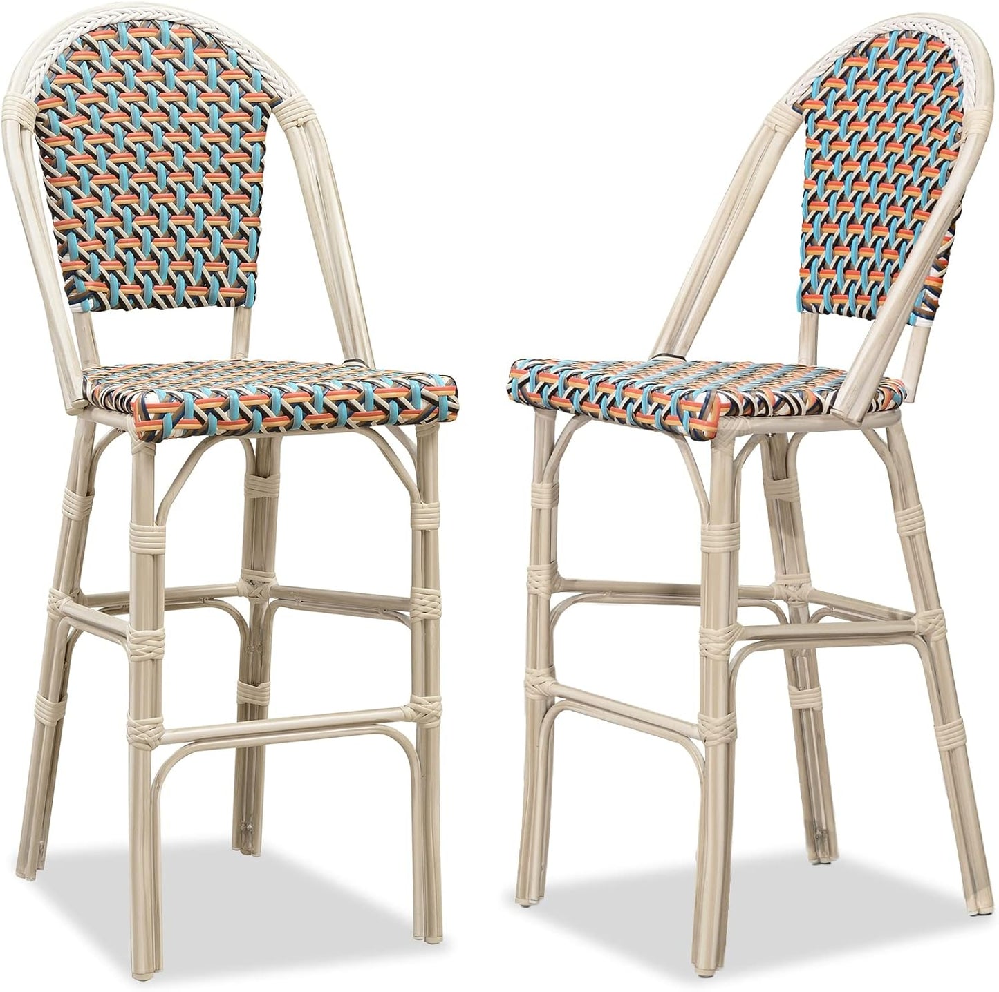 PURPLE LEAF French Bar Stool Set of 2 Bamboo Print Finish Patio Bar Stools with Back Rattan Chairs Wicker Bar Height Stool 30" with Footrest Kitchen Island Stools Outdoor Barstool Royal Blue