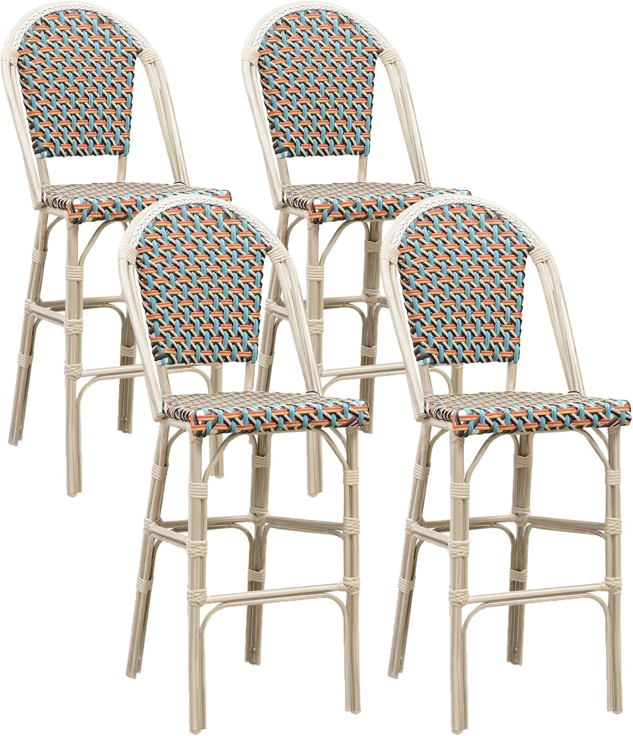 PURPLE LEAF French Bar Stool Set of 2 Bamboo Print Finish Patio Bar Stools with Back Rattan Chairs Wicker Bar Height Stool 30" with Footrest Kitchen Island Stools Outdoor Barstool Royal Blue