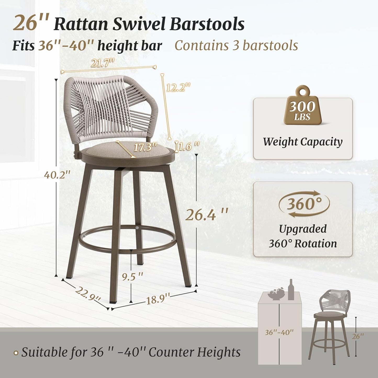 Outdoor Bar Stools Set of 3, 360° Swivel Aluminum Rattan Barstools, Olefin Rope Counter Height Bar Stools with Curved Backrest, Boho Barstool with Circular Cushion for Patio, Kitchen, Apricot