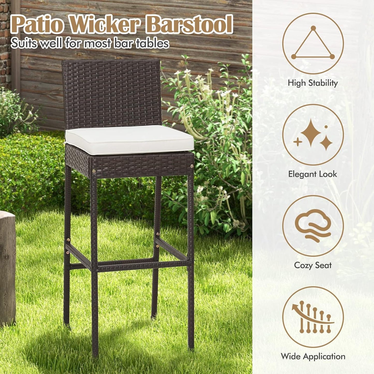 RELAX4LIFE Outdoor Bar Stools Set of 4 - Wicker Rattan Patio Barstools Tall Chairs w/Back, Footrest, Seat Cushions & Metal Frame, 400LBS Weight Capacity, 30’’ Counter Height Bar Stools (2, Mix Brown)