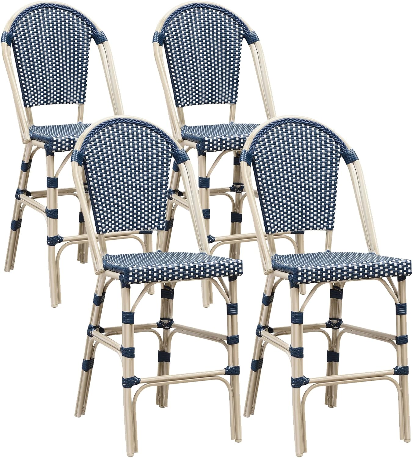 PURPLE LEAF French Bar Stool Set of 2 Bamboo Print Finish Patio Bar Stools with Back Rattan Chairs Wicker Bar Height Stool 30" with Footrest Kitchen Island Stools Outdoor Barstool Royal Blue
