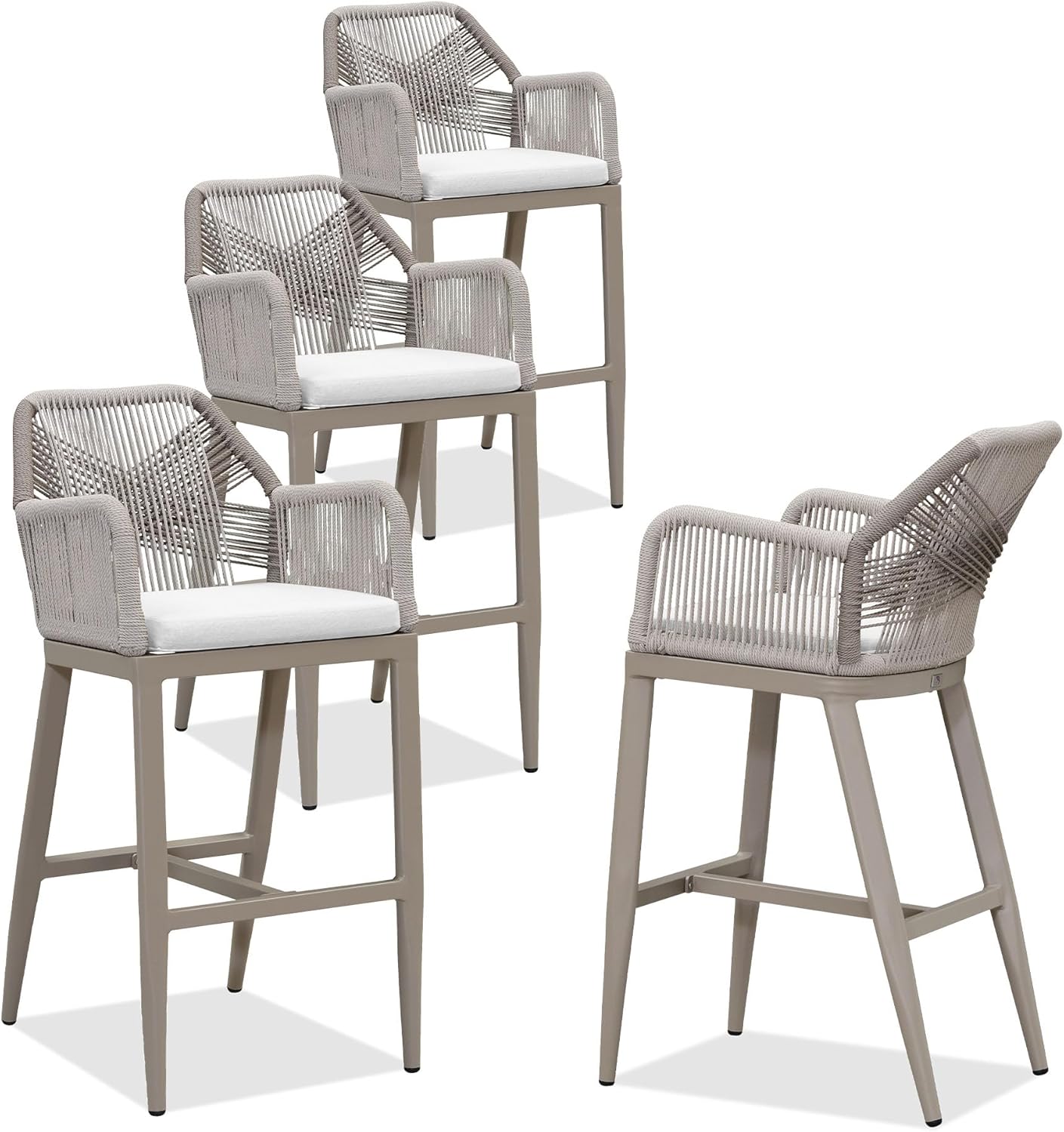 PURPLE LEAF Patio Sunbrella Bar Height Stools 28" H Set of 2 Boho Rattan Aluminum Tall Bar Chairs with High Back Arms for Outside Island Kitchen Backyard Outdoor Wicker Barstools Champagne
