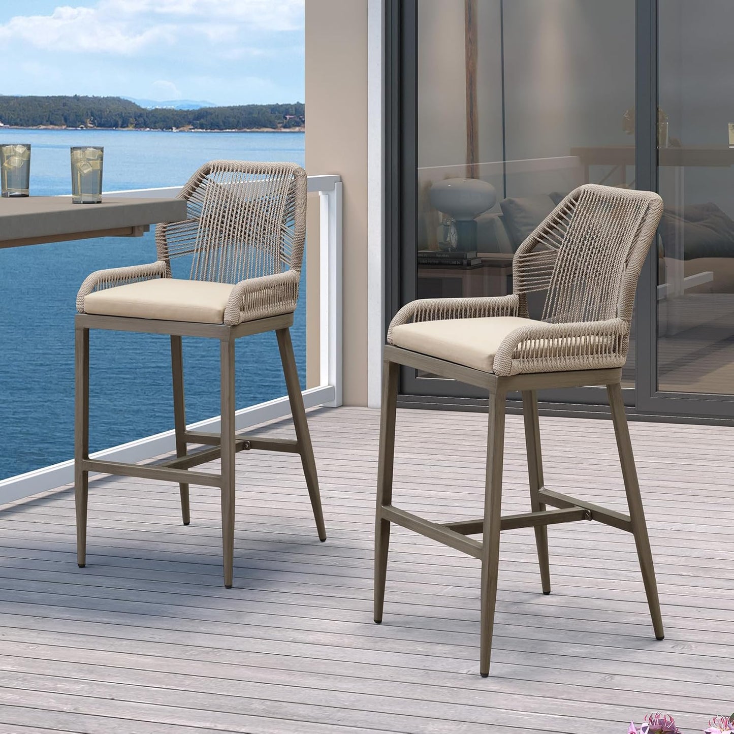 PURPLE LEAF Patio Sunbrella Bar Height Stools 28" H Set of 2 Boho Rattan Aluminum Tall Bar Chairs with High Back Arms for Outside Island Kitchen Backyard Outdoor Wicker Barstools Champagne