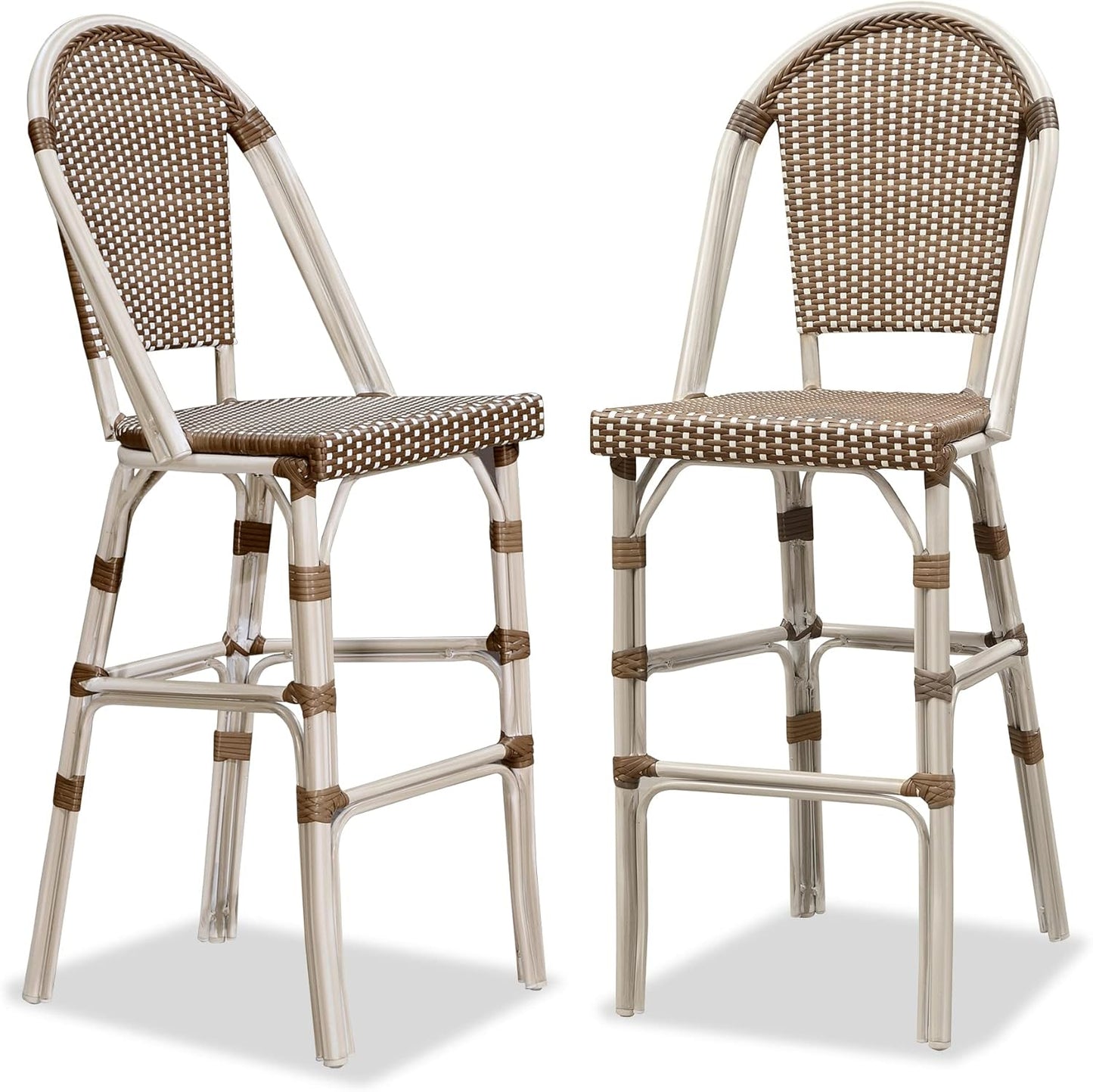 PURPLE LEAF French Bar Stool Set of 2 Bamboo Print Finish Patio Bar Stools with Back Rattan Chairs Wicker Bar Height Stool 30" with Footrest Kitchen Island Stools Outdoor Barstool Royal Blue