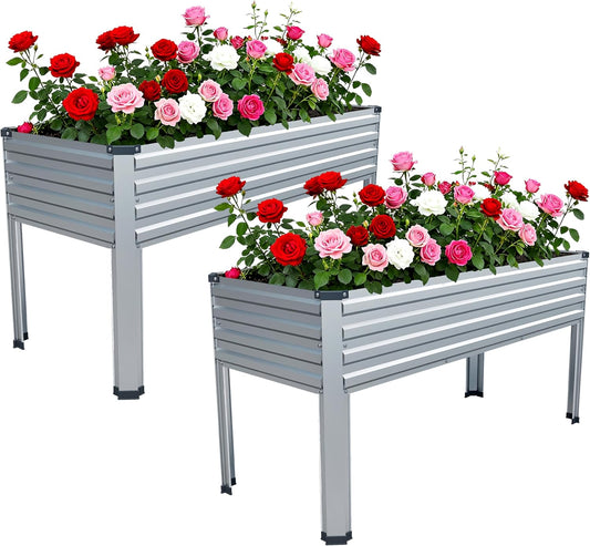 MGNO 2PCS Galvanized Raised Garden Bed Outdoor with Legs,48×18×32in Metal Elevated Raised Planter Box for Backyard, Patio, Balcony, 300lb Capacity,Silver…