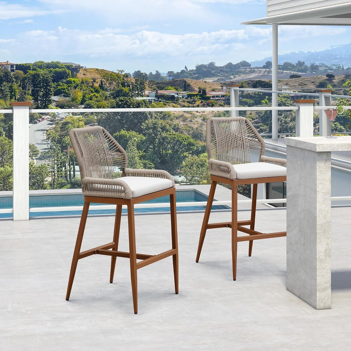 PURPLE LEAF Patio Sunbrella Bar Height Stools 28" H Set of 2 Boho Rattan Aluminum Tall Bar Chairs with High Back Arms for Outside Island Kitchen Backyard Outdoor Wicker Barstools Champagne
