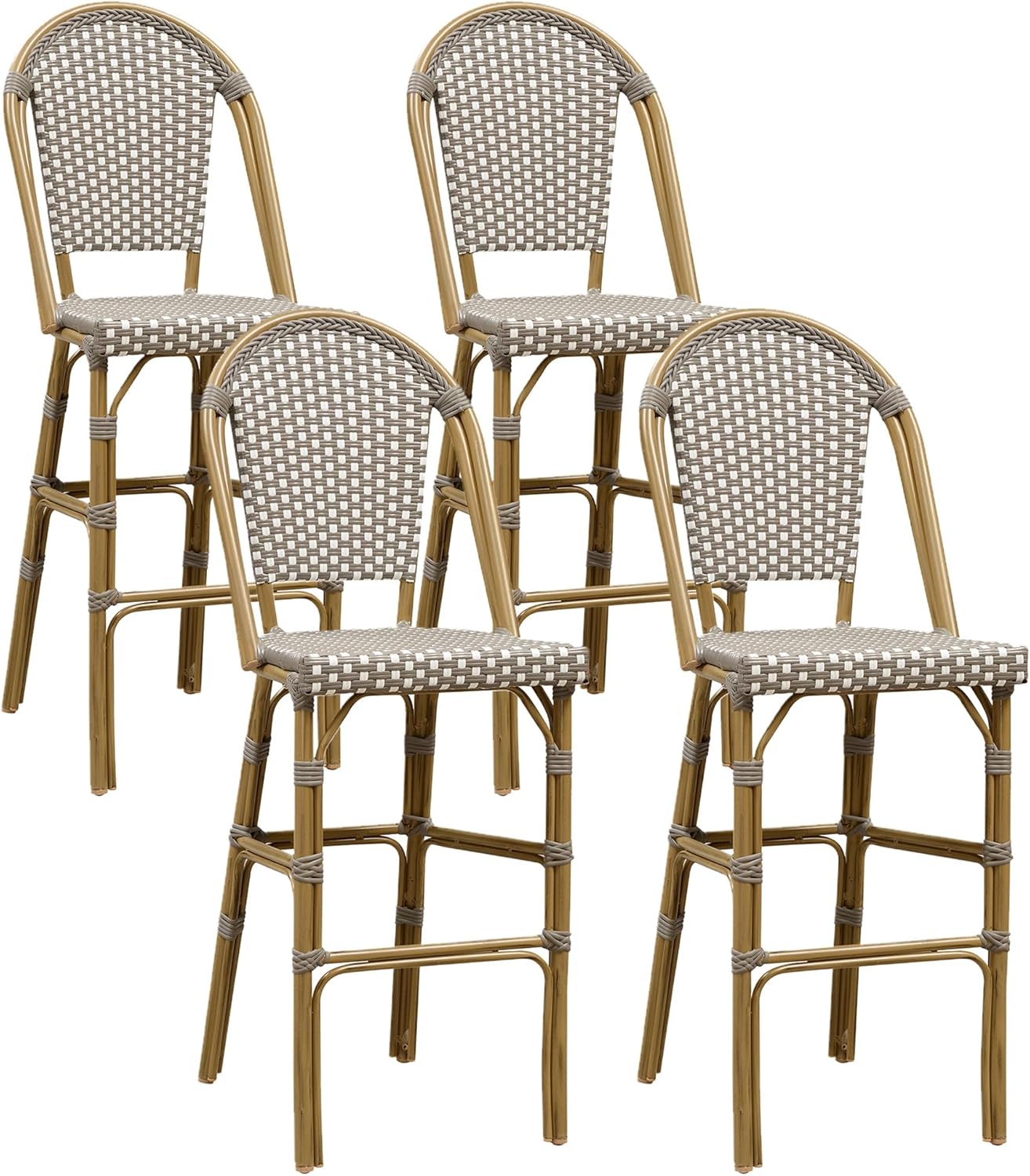 PURPLE LEAF French Bar Stool Set of 2 Bamboo Print Finish Patio Bar Stools with Back Rattan Chairs Wicker Bar Height Stool 30" with Footrest Kitchen Island Stools Outdoor Barstool Royal Blue