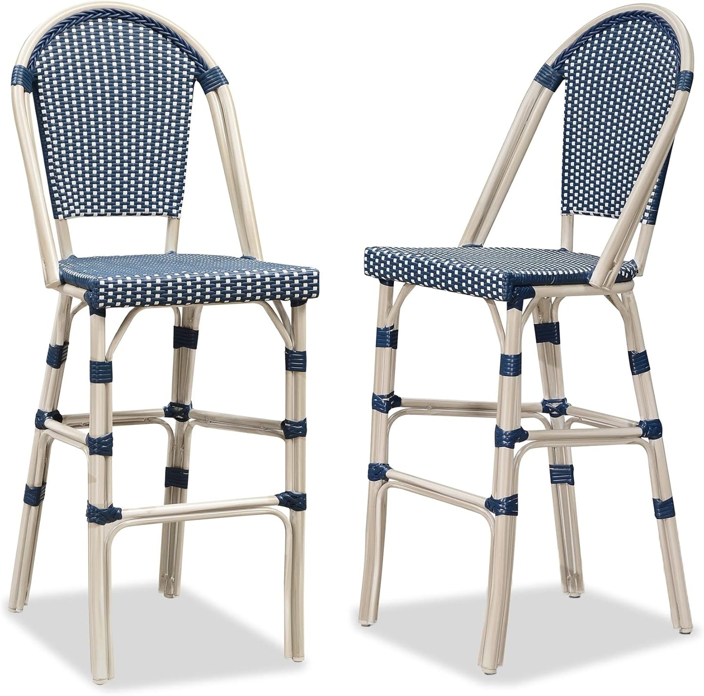 PURPLE LEAF French Bar Stool Set of 2 Bamboo Print Finish Patio Bar Stools with Back Rattan Chairs Wicker Bar Height Stool 30" with Footrest Kitchen Island Stools Outdoor Barstool Royal Blue
