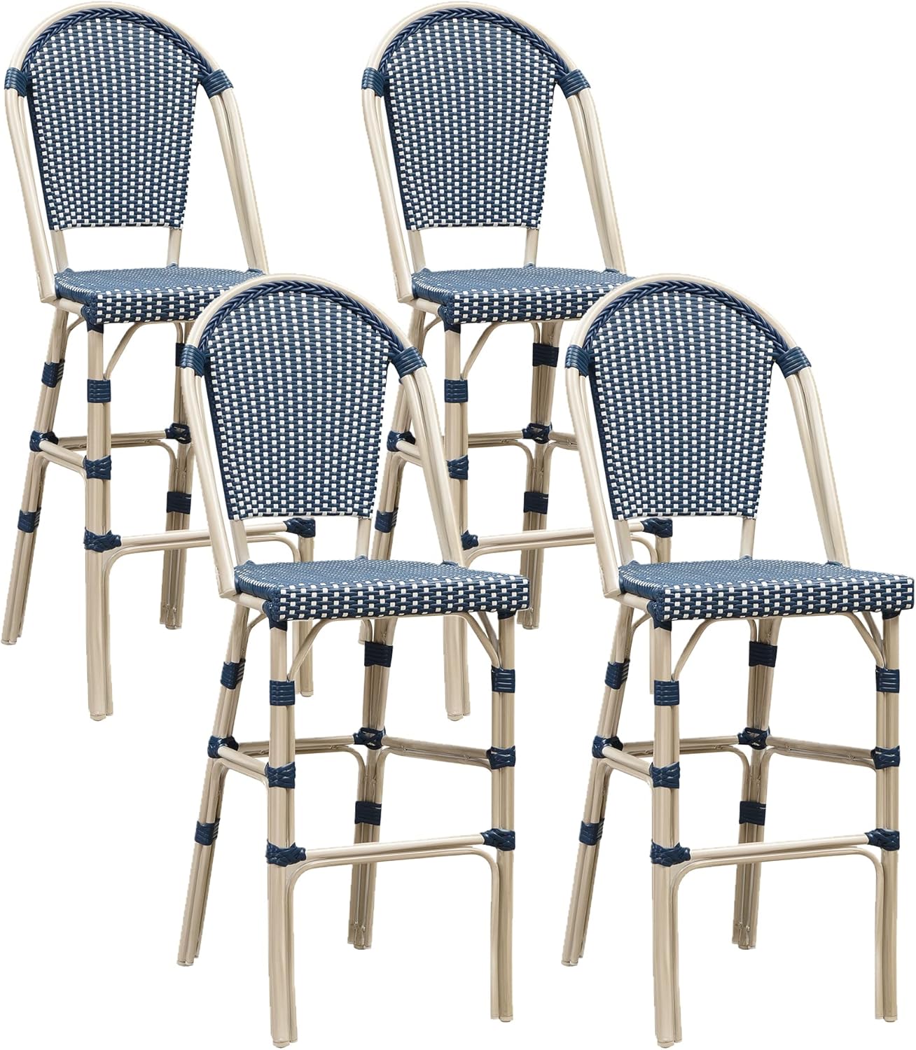 PURPLE LEAF French Bar Stool Set of 2 Bamboo Print Finish Patio Bar Stools with Back Rattan Chairs Wicker Bar Height Stool 30" with Footrest Kitchen Island Stools Outdoor Barstool Royal Blue