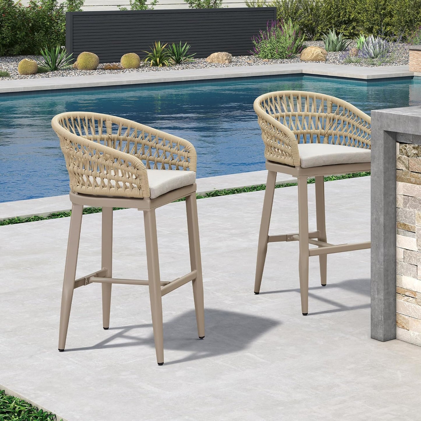 PURPLE LEAF Outdoor Rattan 29" Bar Stools Set of 2, Modern Boho Aluminum Patio Bar Height Chair with Cushion and Back for Outdoor and Indoor, Champagne