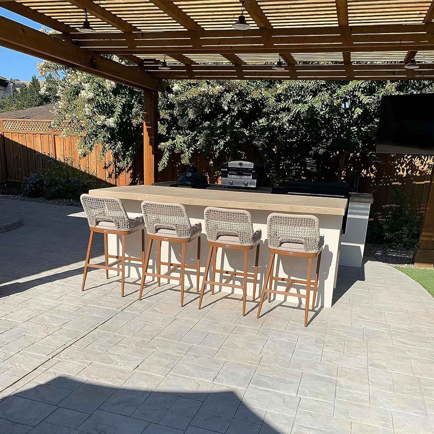 PURPLE LEAF Patio Sunbrella Bar Height Stools 28" H Set of 2 Boho Rattan Aluminum Tall Bar Chairs with High Back Arms for Outside Island Kitchen Backyard Outdoor Wicker Barstools Champagne