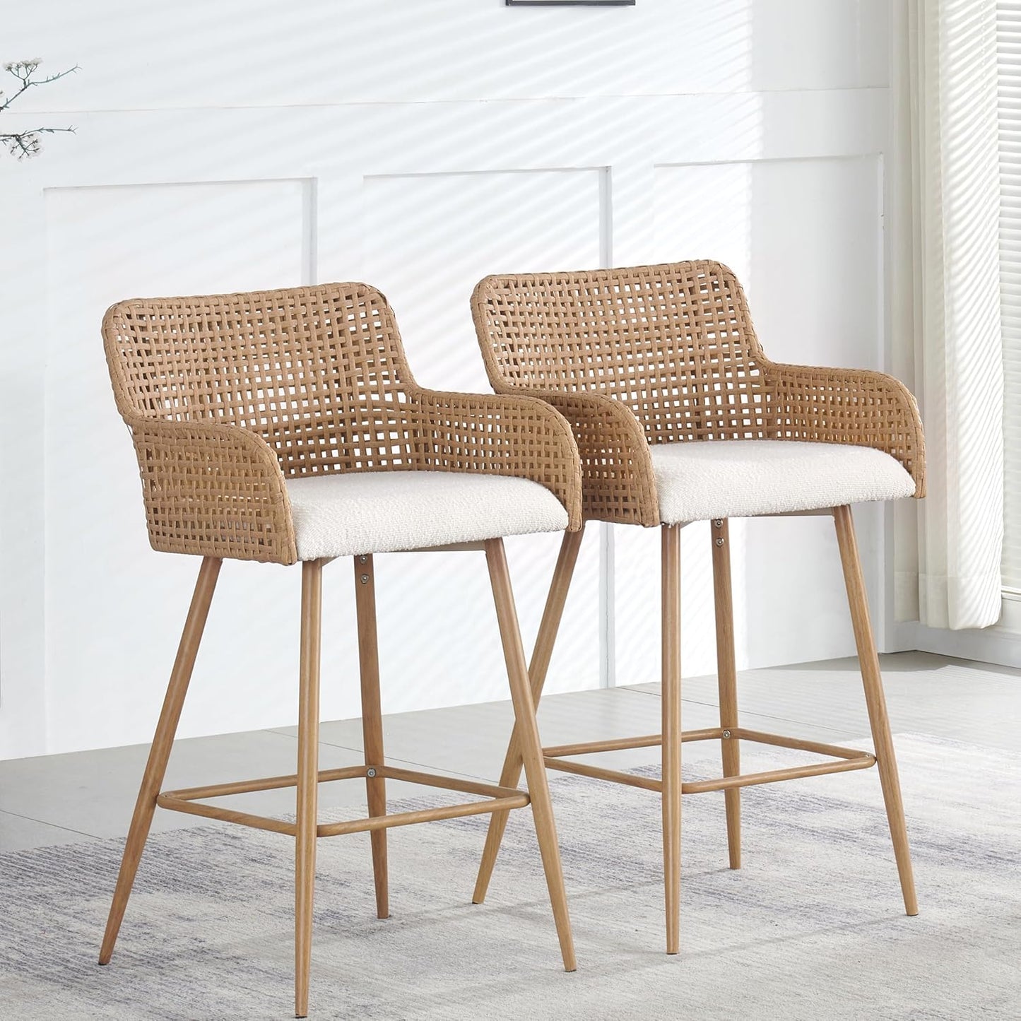 Rattan Bar Stools Set of 2, 26 Inches Height Wicker Bar,PE Rattan Stools with Metal Legs,Wicker Bar Stools Set of 2