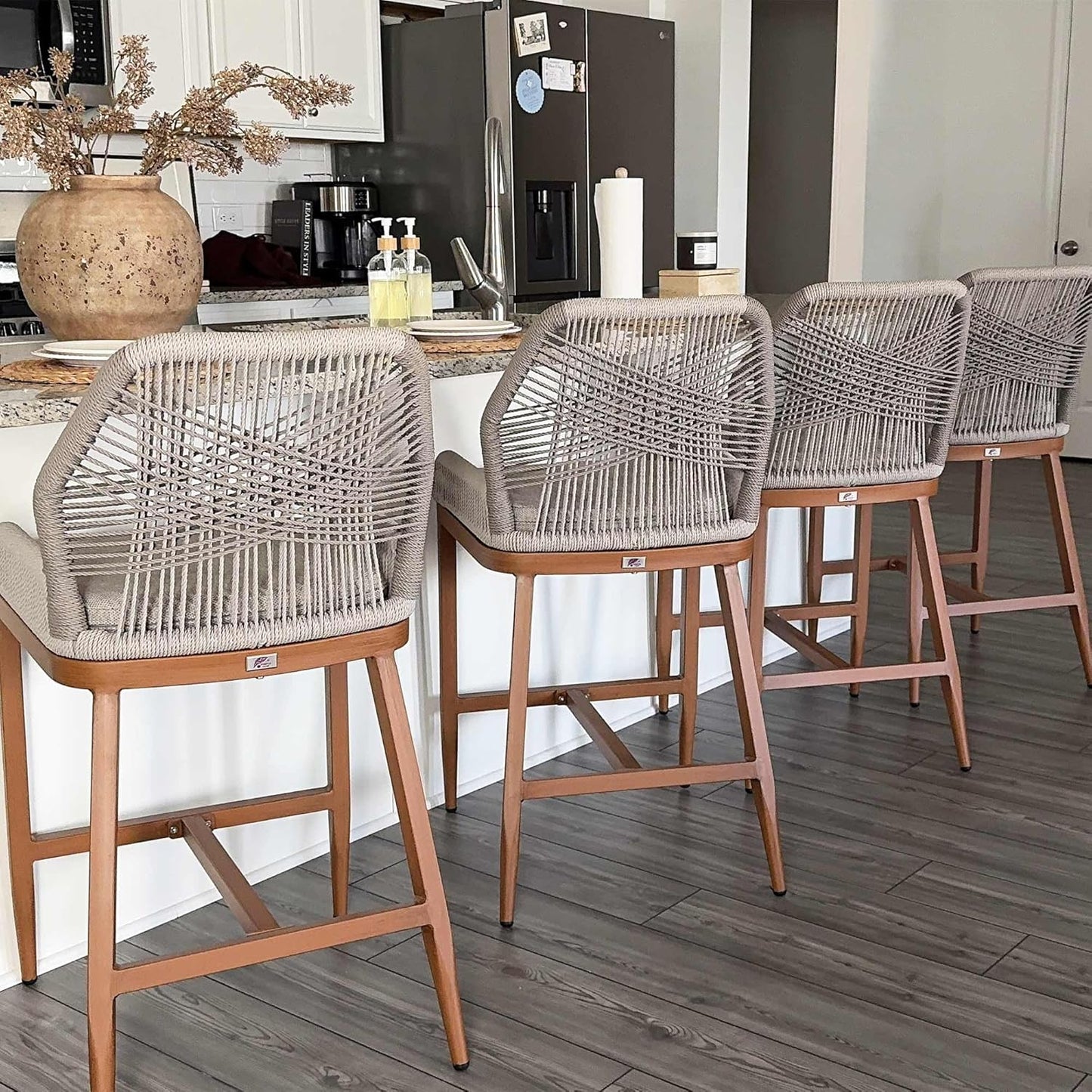 PURPLE LEAF Patio Sunbrella Bar Height Stools 28" H Set of 2 Boho Rattan Aluminum Tall Bar Chairs with High Back Arms for Outside Island Kitchen Backyard Outdoor Wicker Barstools Champagne