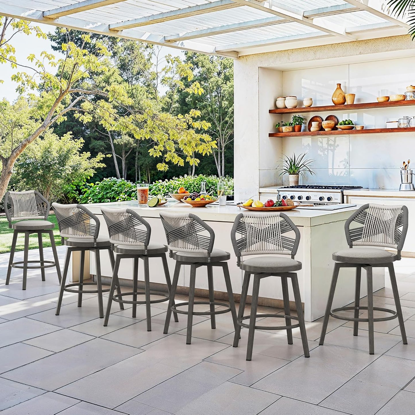 Outdoor Bar Stools Set of 3, 360° Swivel Aluminum Rattan Barstools, Olefin Rope Counter Height Bar Stools with Curved Backrest, Boho Barstool with Circular Cushion for Patio, Kitchen, Apricot