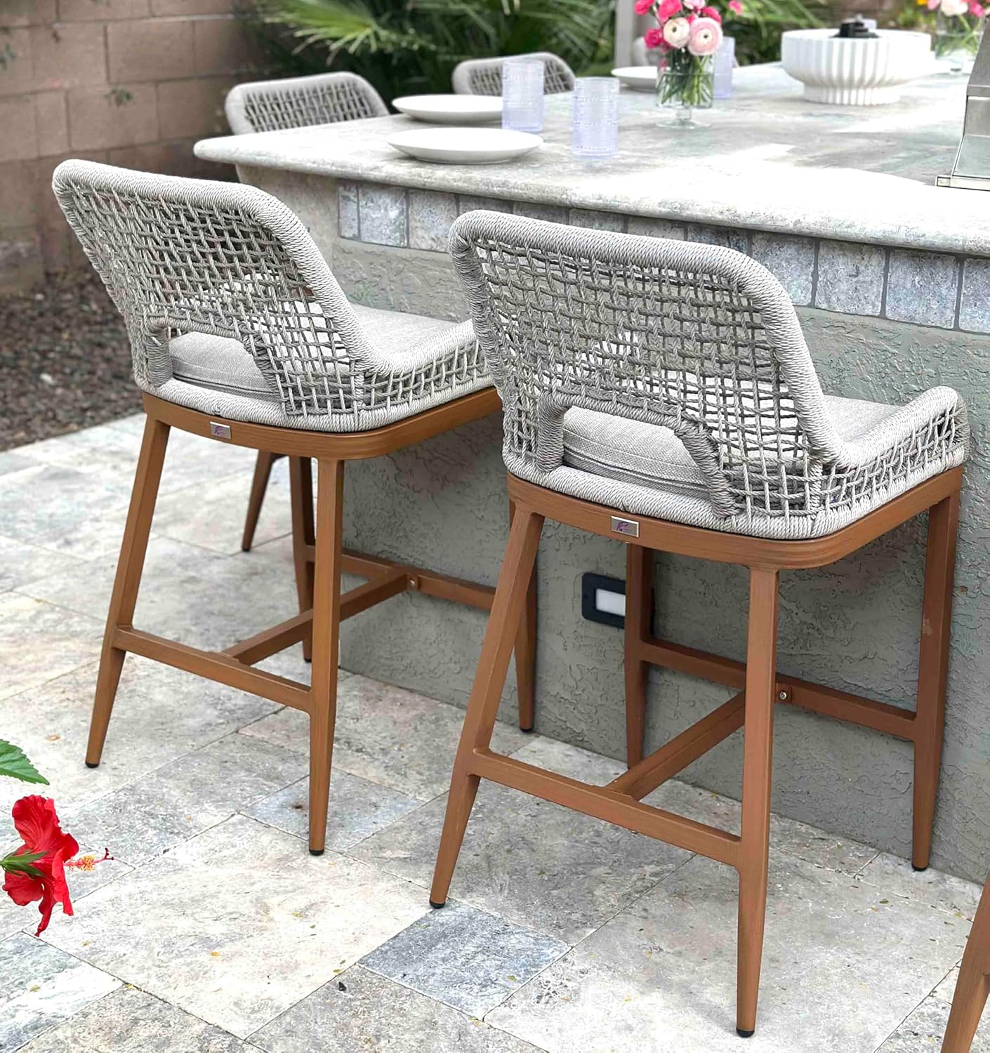 PURPLE LEAF Patio Sunbrella Bar Height Stools 28" H Set of 2 Boho Rattan Aluminum Tall Bar Chairs with High Back Arms for Outside Island Kitchen Backyard Outdoor Wicker Barstools Champagne