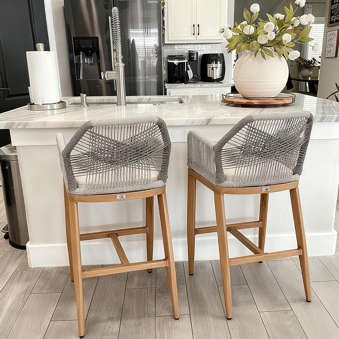 PURPLE LEAF Patio Sunbrella Bar Height Stools 28" H Set of 2 Boho Rattan Aluminum Tall Bar Chairs with High Back Arms for Outside Island Kitchen Backyard Outdoor Wicker Barstools Champagne