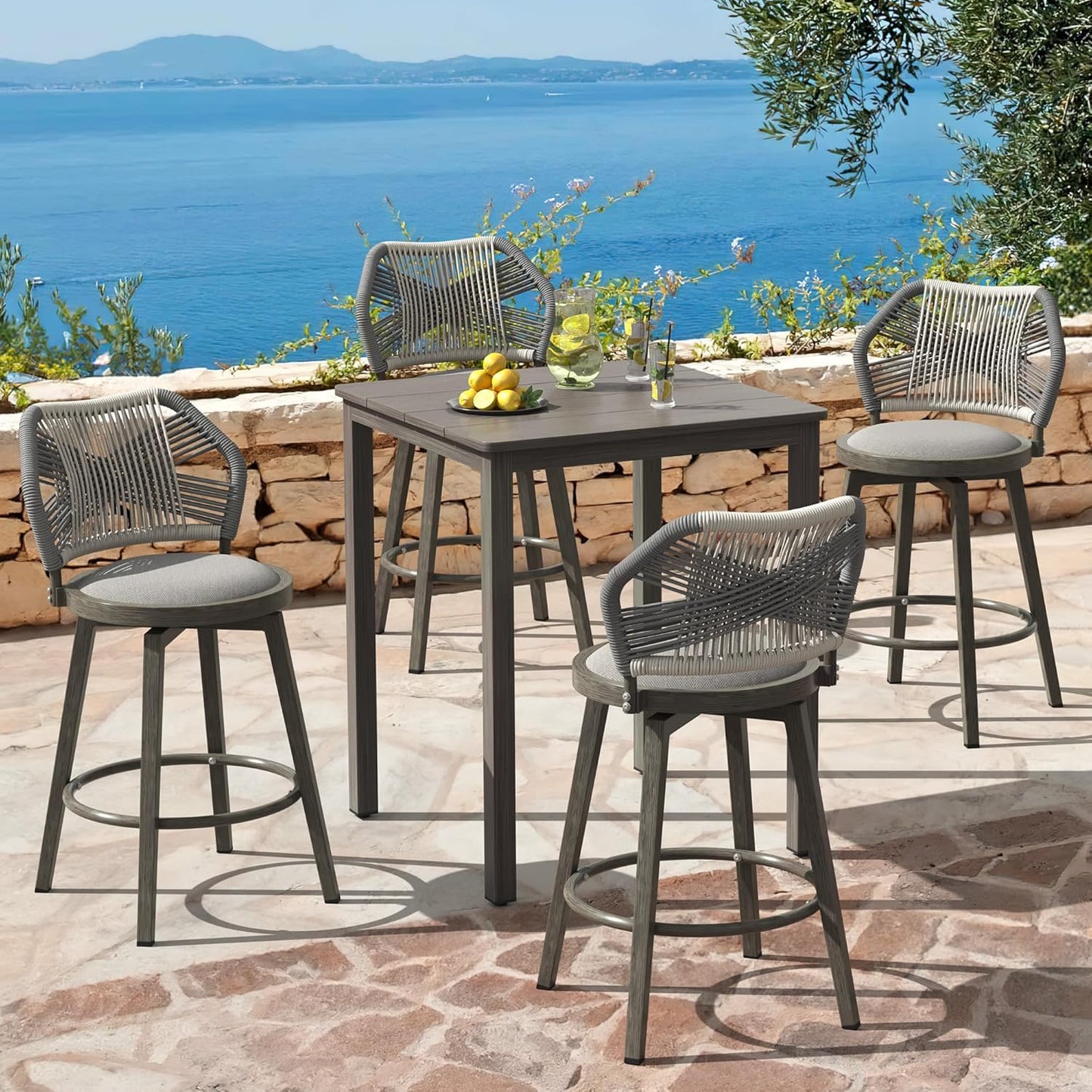 Outdoor Bar Stools Set of 3, 360° Swivel Aluminum Rattan Barstools, Olefin Rope Counter Height Bar Stools with Curved Backrest, Boho Barstool with Circular Cushion for Patio, Kitchen, Apricot