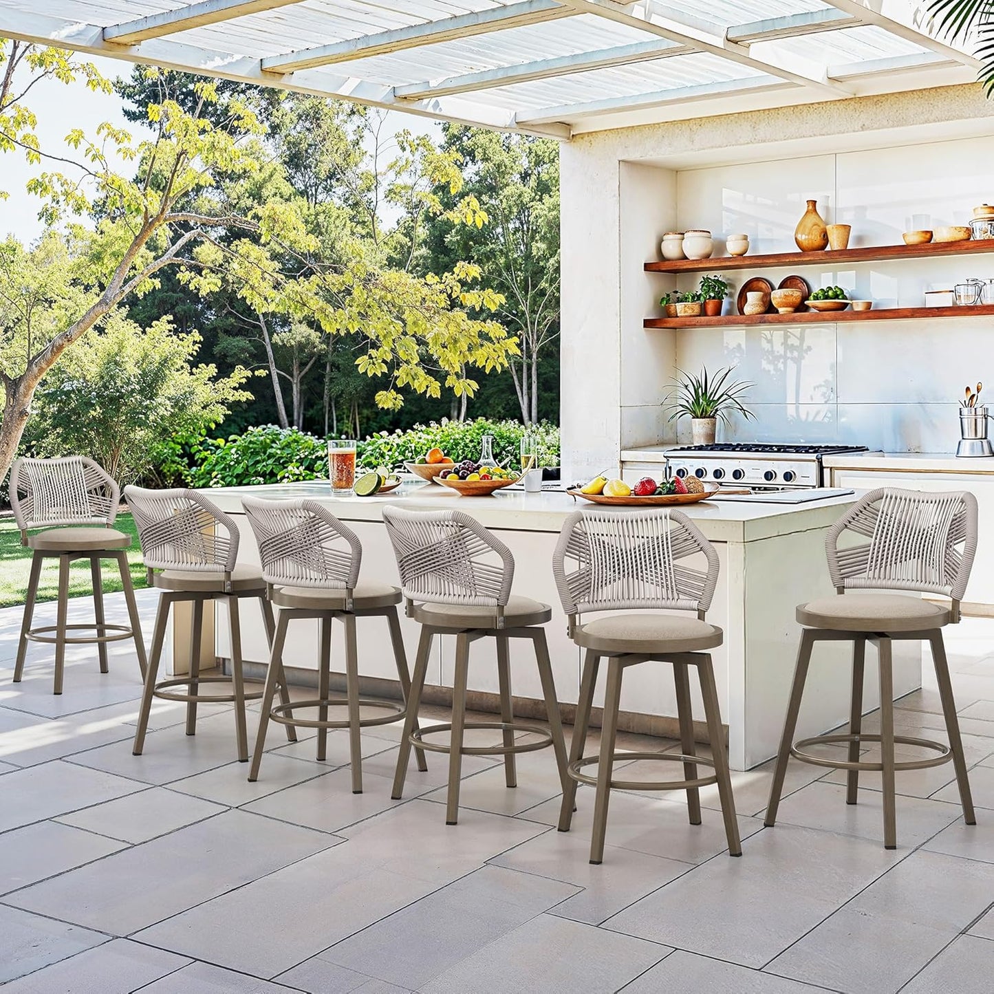Outdoor Bar Stools Set of 3, 360° Swivel Aluminum Rattan Barstools, Olefin Rope Counter Height Bar Stools with Curved Backrest, Boho Barstool with Circular Cushion for Patio, Kitchen, Apricot