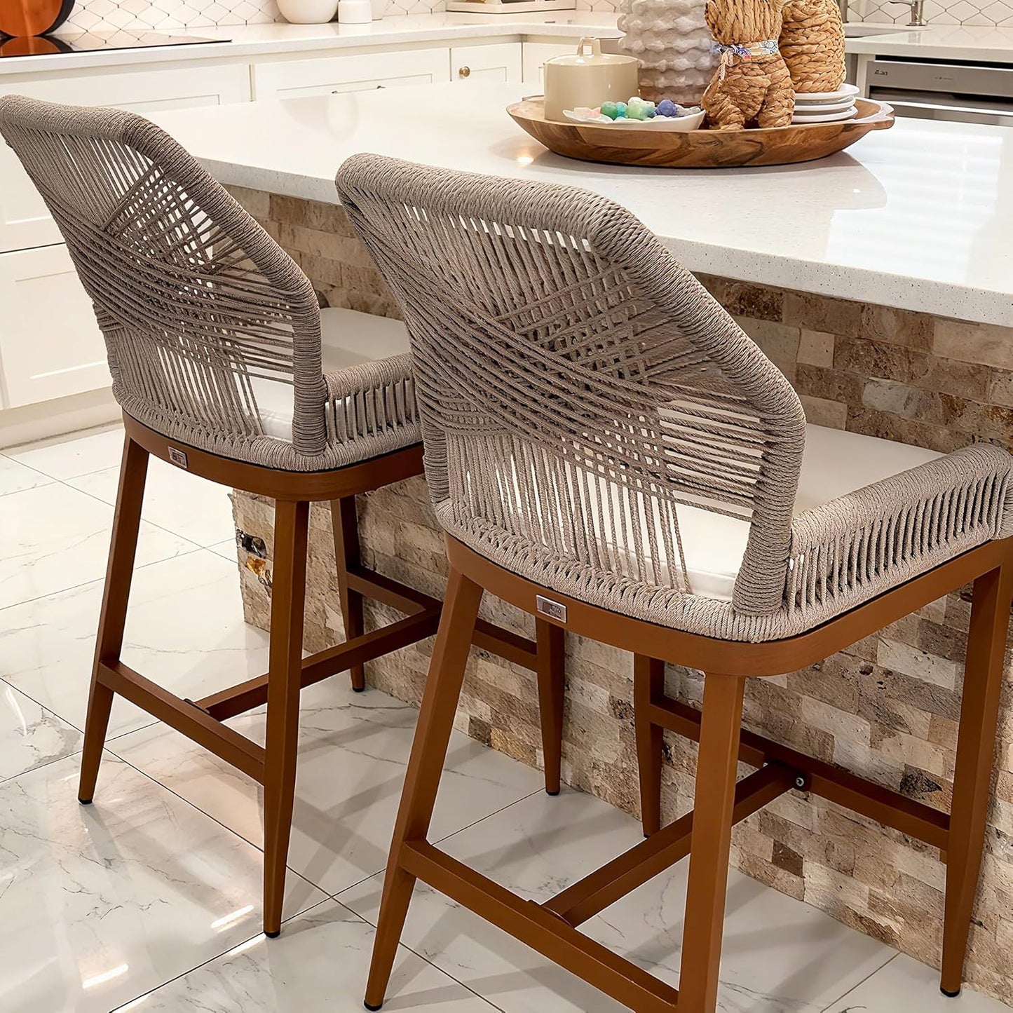 PURPLE LEAF Patio Sunbrella Bar Height Stools 28" H Set of 2 Boho Rattan Aluminum Tall Bar Chairs with High Back Arms for Outside Island Kitchen Backyard Outdoor Wicker Barstools Champagne