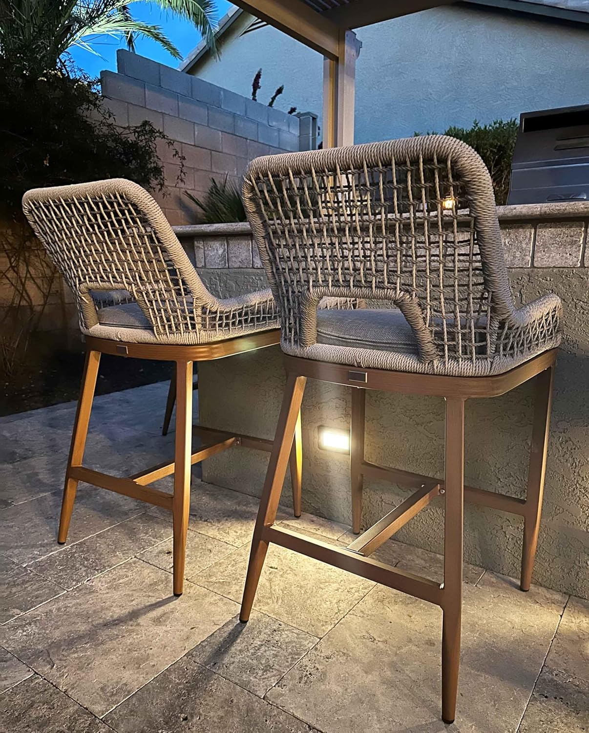 PURPLE LEAF Patio Sunbrella Bar Height Stools 28" H Set of 2 Boho Rattan Aluminum Tall Bar Chairs with High Back Arms for Outside Island Kitchen Backyard Outdoor Wicker Barstools Champagne