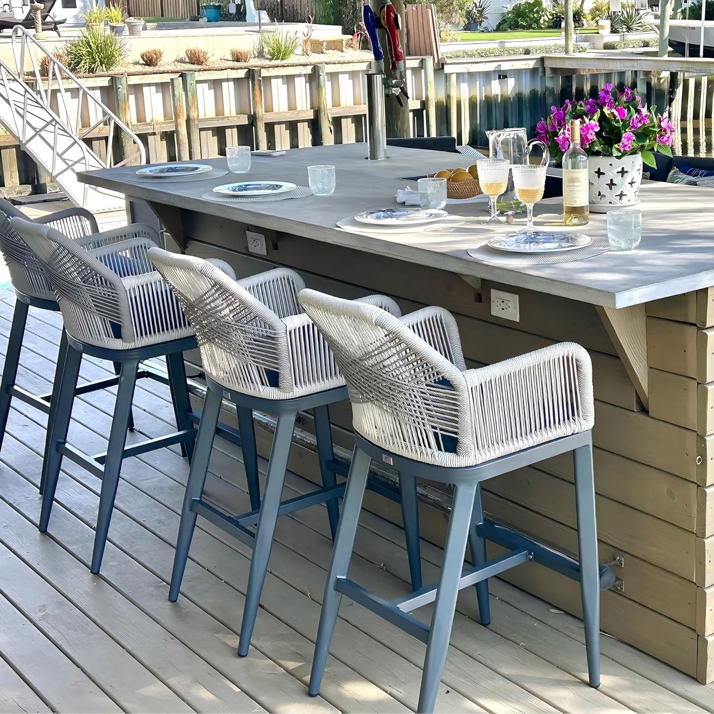 PURPLE LEAF Patio Sunbrella Bar Height Stools 28" H Set of 2 Boho Rattan Aluminum Tall Bar Chairs with High Back Arms for Outside Island Kitchen Backyard Outdoor Wicker Barstools Champagne